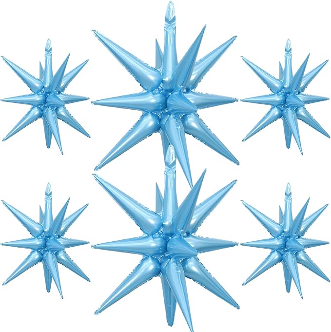 6 Pcs Light Blue Star Foil Balloons One-Piece 14-Pointed Star Balloon 4D Starburst Cone Mylar Balloon 22inch Christmas Birthday Wedding Wedding Anniversary Party Supplies (22&27 Inches Light Blue)