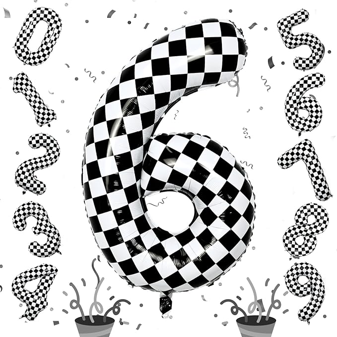 Giant Number Balloons 6, Black and White Checkered Self Inflating 0-9 Set Number Balloon for Kids, 40 Inch Foil Helium Racing 6 Balloon for Boys 6th Birthday Party Race Car Flag Decorations Supplies