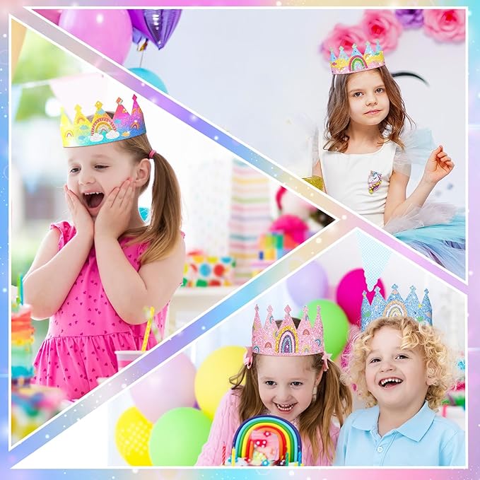 Sinmoe 32 Pcs Rainbow Birthday Party Crown for Kids Birthday Party Hats Rainbow Glitter Decorations Paper Crowns Headband for Girls Birthday, Rainbow Party Supplies, Classroom Activities,12 Styles