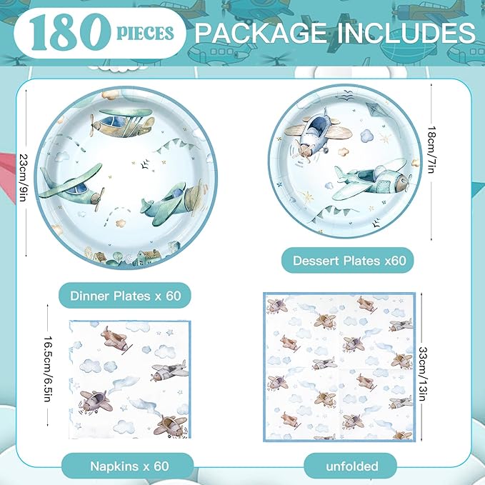 180Pcs Airplane Shower Party Supplies Paper Plates and Napkins Serve 60 Disposable Tableware Set for Birthday Party Decorations Game Day Family Holiday Sports Events