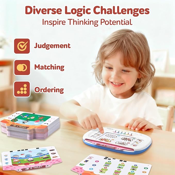 JoyCat Kids Learning Tablet:160 Pages Flash Cards-Judgement, Matching, Ordering- Interactive Logic Training, STEM Montessori Educational Toy, Gifts for Kids 3-8