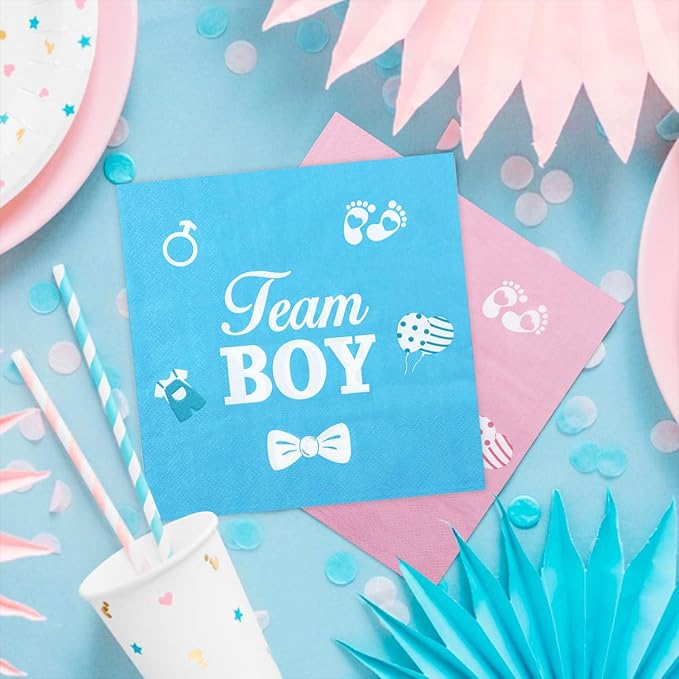 100Pcs Gender Reveal Napkins, 13 x 13 Inches Boy or Girl Baby Shower Napkin, Team Boy or Girl Napkins, Blue Pink Party Napkin for Baby Shower Gender Reveal Party Supplies