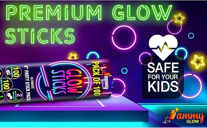 Ammy Glow-Glow Sticks-100 Pack Bulk Party favors for Kids-Neon Glow in The Dark Party Supplies - Eye Glasses, Glow Bracelets & Necklaces -Party Lights For Birthdays & Weddings-205 pcs