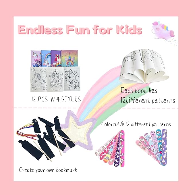 Unicorn Party Favors, 12 Pack Unicorn Birthday Party favors Supplies, Birthday Gifts Bags Coloring Books Slap Bracelets Stickers Bookmarks