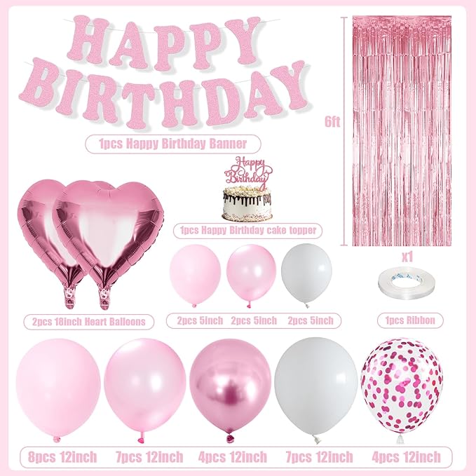 Pink Birthday Decorations for Girls Women, Baby Light Pastel Pink White Party Balloons with Fringe Curtain Birthdays Banner Cake Decor for Birthday Wedding Baby Shower Party Decoration Supplies