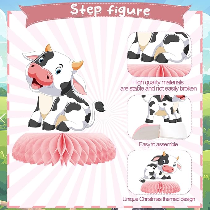 9 Pcs Pink Cow Honeycomb Centerpieces Farm Animals Cow Table Topper Honeycomb Pink Cow Theme Party Honeycomb 3D Cow Print Table Decoration for Party Baby Shower Western Party Supplies
