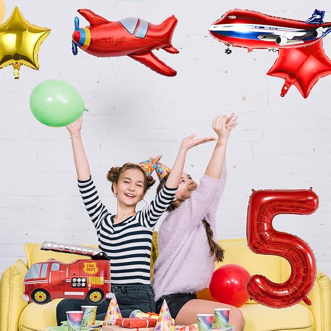 12pcs Transportation Balloons, Truck Plane School Bus Fire Truck Police Car Ship Ambulance Submarine Foil Balloon, Transportation 5th Birthday Vehicles Theme Party Supplies Decorations (5th)