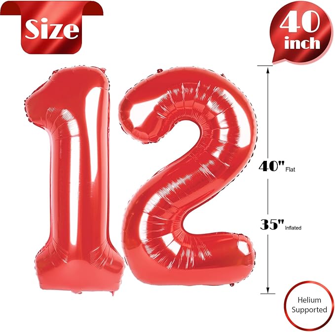 Red Number 12 Balloon 40 inch, 12 Number Balloons, 12th Red Birthday Decorations, 12 Year Old Girls Boys Party Supplies