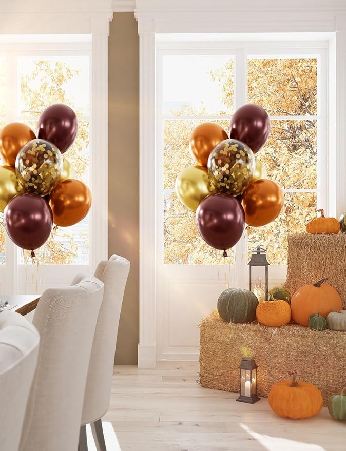 Fall Balloons Thanksgiving Party Balloons - 12 Inch Fall Color Balloon Burgundy Orange Metallic Gold Confetti Balloon for Autumn Little Pumpkin Baby Shower Harvest Thanksgiving Party Decoration