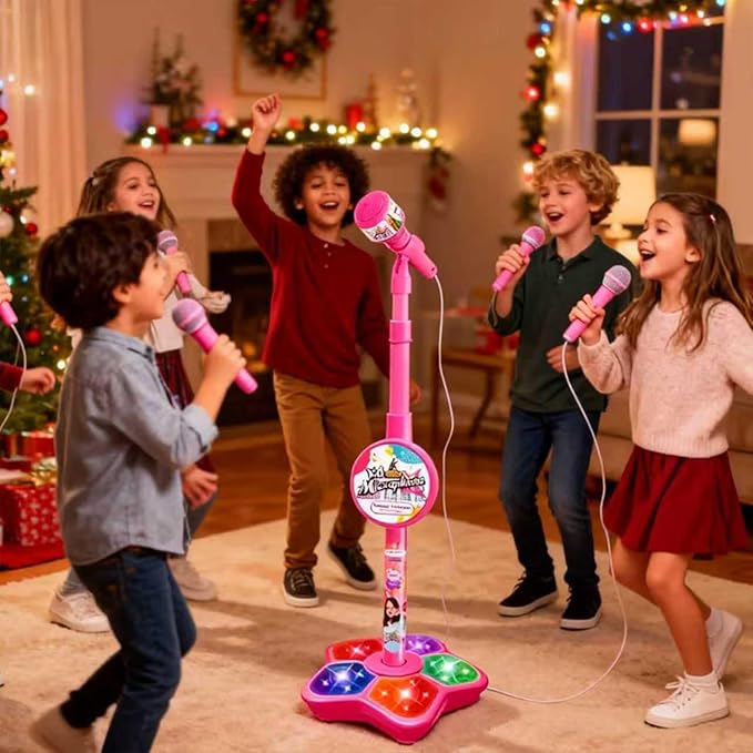 Kids Microphone with Stand - 2026 New Karaoke Machine for Budding Singers, Built-in Music & Echo, 6 Colorful Lights, Adjustable Stand for Girls Boys Birthday Gift(Black) (Black)