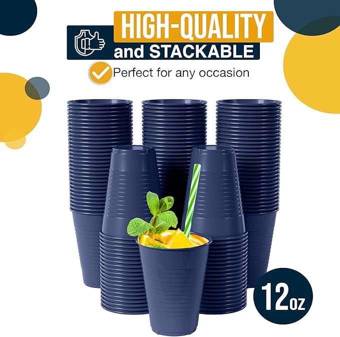 Party Solids 12 Oz Navy Plastic Cups For Party Supplies 50 Pack | Navy Disposable Cups Plastic | Disposable Drinkware For Parties, Events & Everyday