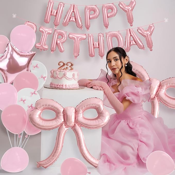 Bow Party Decorations Pink Happy Birthday Balloons Banner Pink Birthday Decorations Bow Balloons for Women Girls Birthday Decor Party Supplies