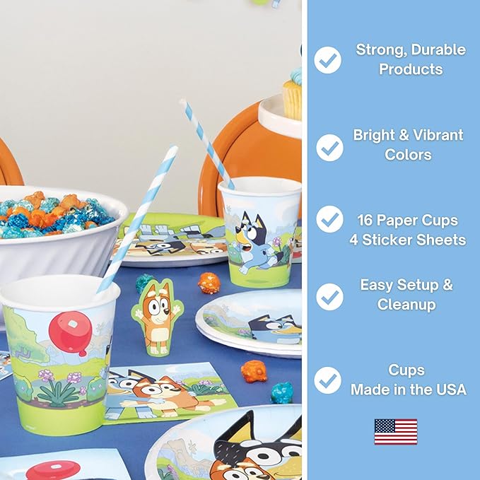 Unique Bluey Cups with Stickers | 16 Paper Cups, 4 Sticker Sheets, Checklist | Bluey Birthday Decorations | Party Supplies for Boys and Girls | Officially Licensed
