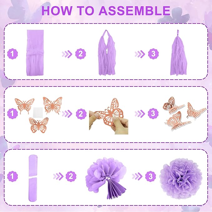 Purple Pink Birthday Party Decorations, Butterfly Confetti Rose Gold Lavender Balloons Happy Birthday Banner Fringe Curtains Hanging Swirls Circle Dots Tassels Pompoms for Women Girls Party Supplies