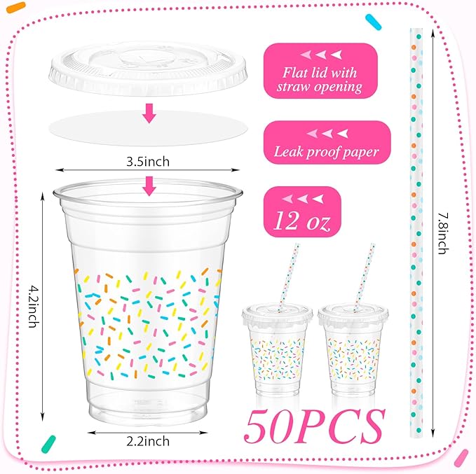 Domensi 50 Pcs Sprinkle Baby Shower Plastic Cup 12 oz Rainbow Confetti Sprinkle Thick Clear Cup Baby Shower Birthday Table Decorations Candy Color Party Supplies It's a Boy Girl