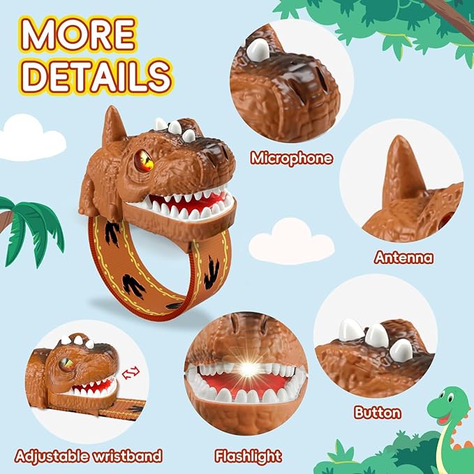Dinosaur Walkie Talkies for Kids Rechargeable, Wrist Two Way Radios with Flashlight, Long Range Outdoor Adventure Toys,Brown Dino Watch Walkie Talkie Birthday Gifts for Boys Girls Ages 4-12