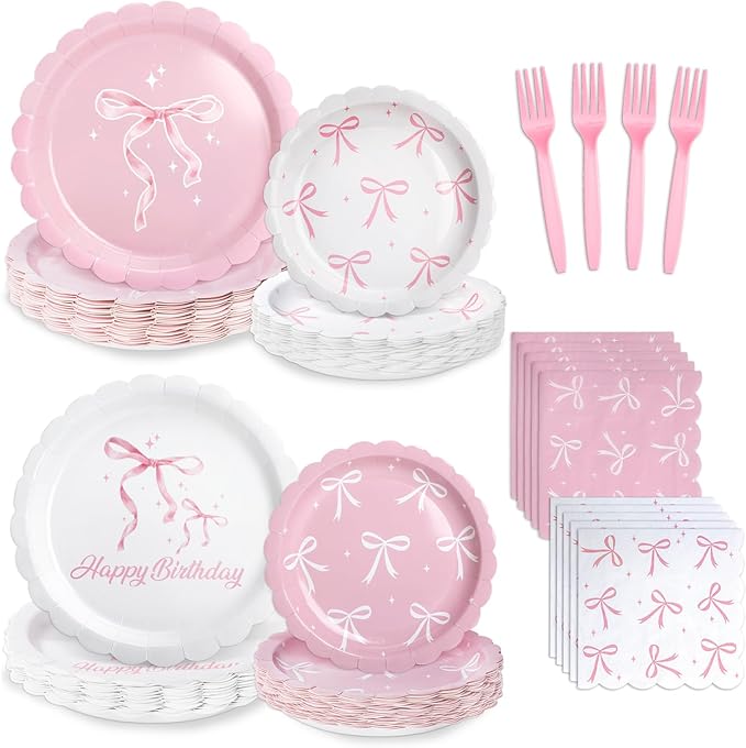 96 Pcs Pink Bow Plates and Napkins Tableware Set (Serve 24), Bow Birthday Decorations, Party Supplies Include Plates Napkins Plastic Forks, Pink Birthday Decorations