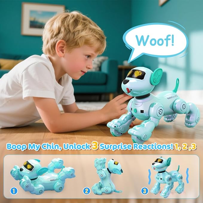 VATOS New Kids Smart Remote Control Robot Dog,17 Fun Interactive Functions Intelligent Programmable Kid Robotic Puppy with 2 Batteries, Singing Dancing Walking Robot Dog Toy for Kids 3-8 Year Blue