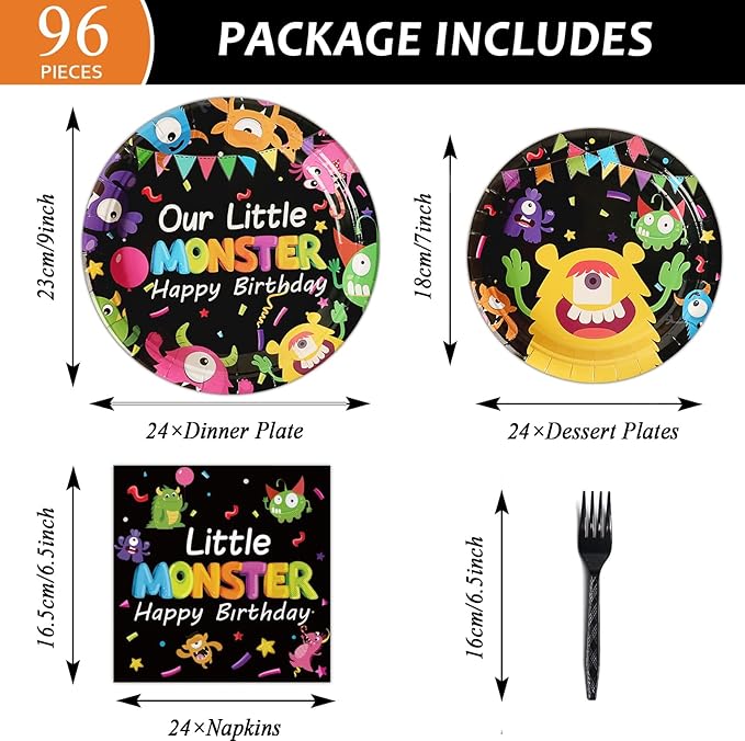 Monster Plates and Napkins Party Supplies Kit - 96 Pcs Tableware Set for Boy or Girl Birthday, Baby Shower - Serves 24