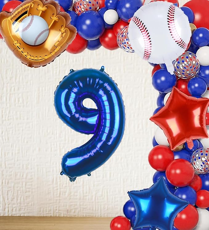 Baseball Balloons 9th Birthday Decorations for Boys | Baseball Birthday Decoration Sports Theme Party Supplies, 32Inch Foil Mylar Number 9 Balloon Navy Blue Red White Sports Balloon Arch Kits