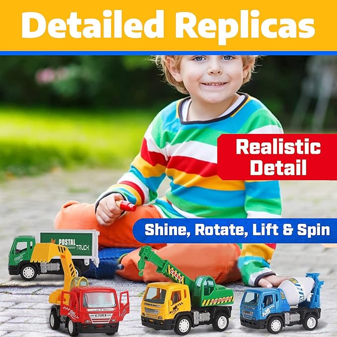 Liberty Imports 6 Pack Pullback City Builder Toy Construction Play Vehicles for Kids – Dump Truck, Sanitation, Cement Mixer, Excavator, Crane, Delivery Van