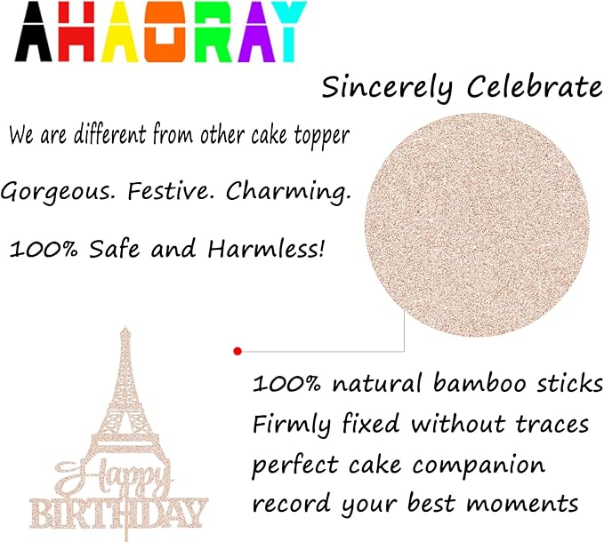 Eiffel Rower Birthday Cake Topper - Rose Gold Glitter Eiffel Rower Theme Birthday Party Cake Decoration Supply - Boy or Girl Architecture Theme Party Cake Decor Photo Prop
