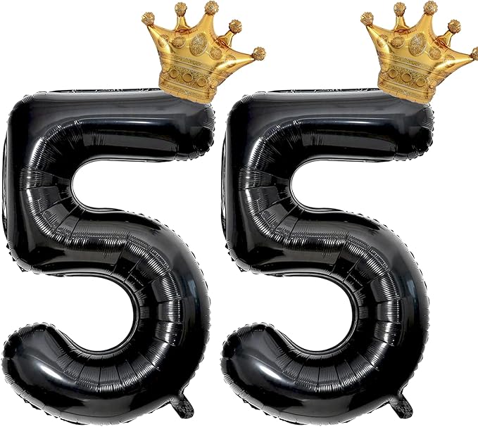 40 inch Large Black 55 Balloon Number with Gold Crown Balloons 55th Birthday Big Foil Mylar Helium Balloon for Women Man 55th Birthday Anniversary Decorations Supplies Favors(Number 55 Balloons）