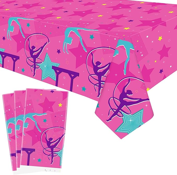 3 Pieces Gymnastics Birthday Party Tablecloth Decorations, Gymnastics Theme Party Supplies Tablecovers, Gymnastics Table Cover for Your Little Dance Girls Kids Baby Shower, 51 x 86.5 Inch