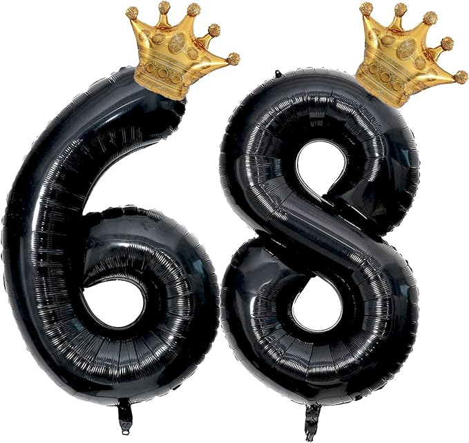 40 inch Large Black 68 balloon Number with Gold Crown Balloons 66th Birthday Big Foil Mylar Helium Balloon for Women Man 68th Birthday Anniversary Decorations Supplies Favors(Number 68 Balloons）