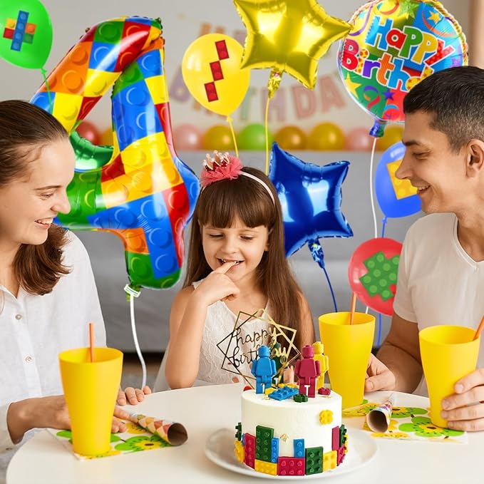 40 Inch Building Block Number Balloon, Colorful Number Block Foil Balloons Large Big Numbers Helium Balloon for Girls Boys 4th Birthday Brick Theme Party Decorations (Number 4)