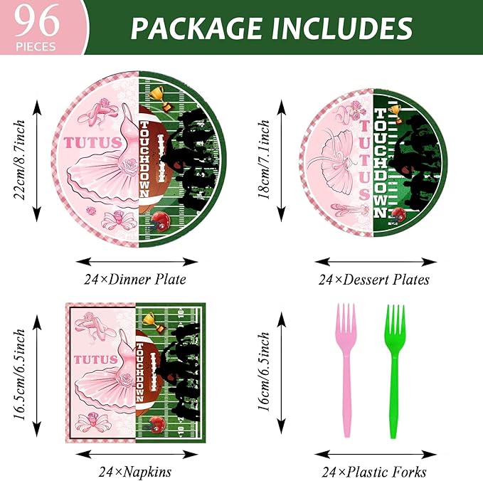96 Pcs Ballet or Football Gender Reveal Plates and Napkins Party Supplies Tutus or Touchdowns Gender Reveal Tableware Football Party Decorations Favors for Boy or Girl Birthday Baby Shower Serves 24