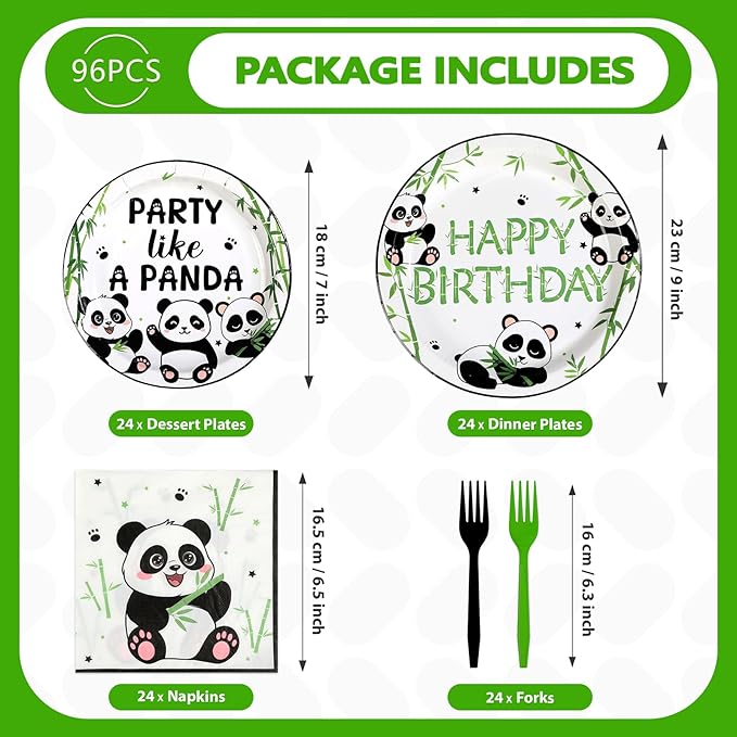 96 Pcs Panda Birthday Decorations Party Like a Panda Paper Plates and Napkins Green Bamboo Animal Themed Tableware Sets for Kids Birthday Baby Shower Newborn Party Supplies Serves 24
