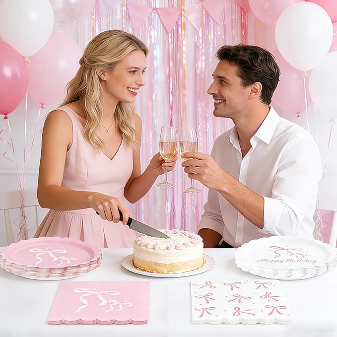 40 Pcs Pink Bow Plates and Napkins Tableware Sets for Bow Party Decorations, Pink Bow Birthday Decorations Which Can Serve 20
