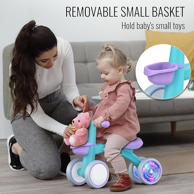 Umatoll Colorful Lighting Baby Balance Bike Toys for 1 Year Old Boys Gifts, Adjustable Seat Baby Walker, One Year Old Boy Birthday Gifts, 12-24 Months Toddler First Ride on Toys with Removable Basket