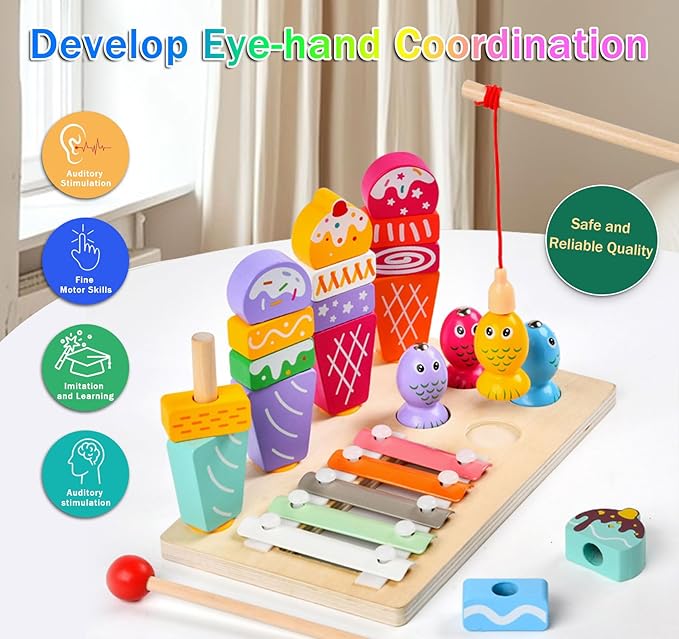 Wooden Montessori Toys for 3 Year Old，Shape Sorter Stacking Games, Fishing Games Preschool Learning Educational Toys for Boys Girls Toddlers (Ice Cream)