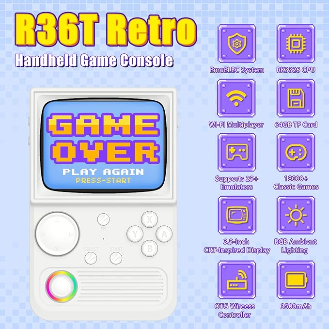 R36T Retro Gaming Console, 3.5'' IPS Screen CRT-Inspired, Handheld Game Console with 18000+ Classic Games Supports WiFi Networked Fighting and OTG, 3500mAh Battery, with Portable Case(White 64GB)