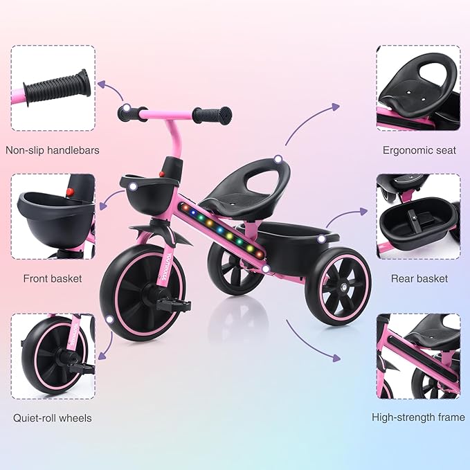 Kids Tricycle with Colorful LED Lights for Toddlers 1-3 Years, Stable 3-Wheel Design & Storage Basket for Fun Indoor Outdoor Ride, Gift for Baby Boy Girl