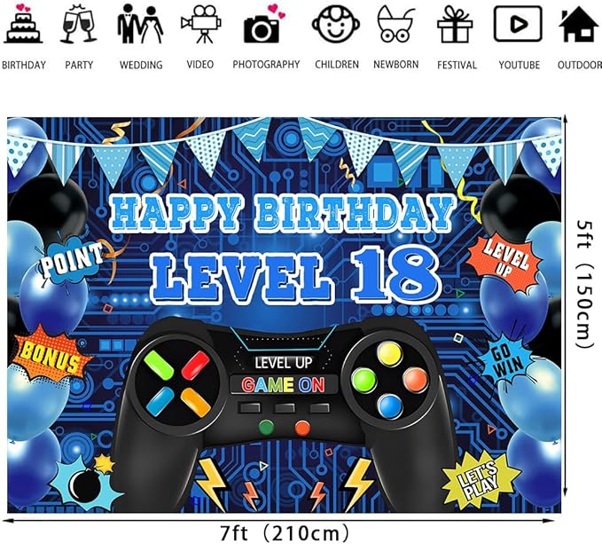 Game Theme Level 18 Birthday Backdrop Video Game Happy 18th Birthday Party Decorations Level Up Theme Boys Kids Birthday Party Supplies(7×5FT)