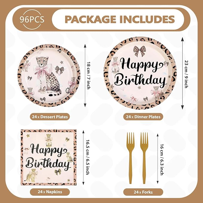 96 Pcs Cheetah Bow Birthday Decorations Leopard Print Plates and Napkins Disposable Pink Bow Cheetah Tableware Set for Girls Women Jungle Safari Animal Birthday Party Supplies Serves 24