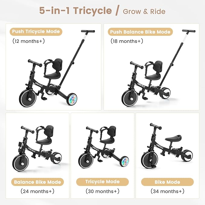5-in-1 Tricycle for Toddlers 1-3, Convertible Toddler Bike with Push Handle & Removable Pedals, Balance Bike with Colorful Lighting Wheels, Adjustable Seat Height with Backrest (Black)