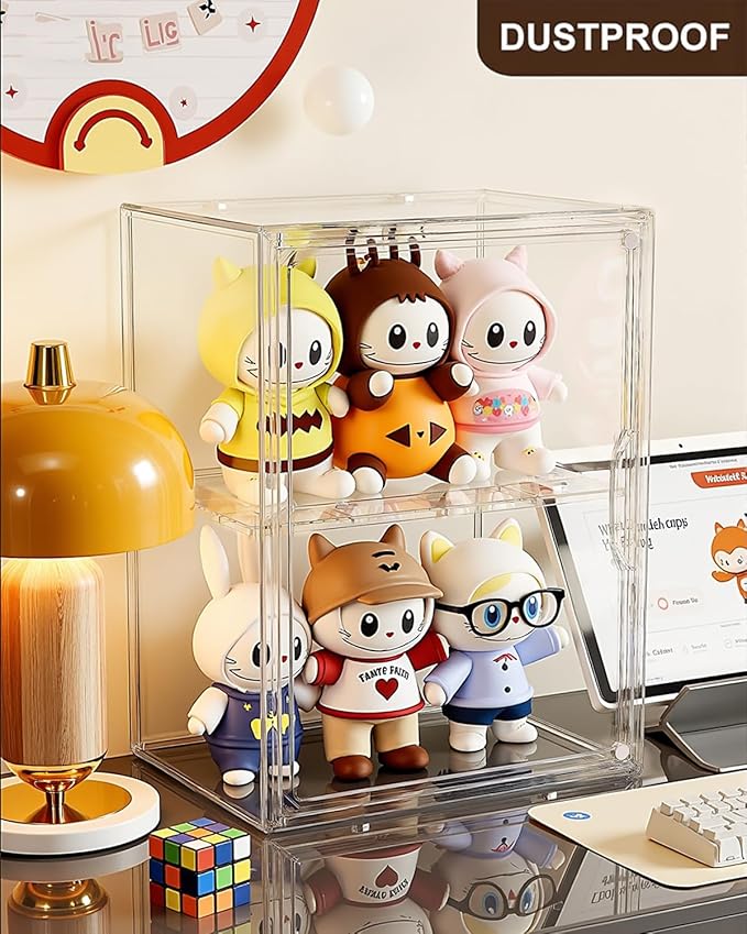 Clear Display Case Compatible with Labubu POP MART, Acrylic Clear Display Box Shelf for POP MART Labubu Doll 2 Tier with Magnetic Lids Figure Display Case for Collectibles(XL-1Pack-2Tier)