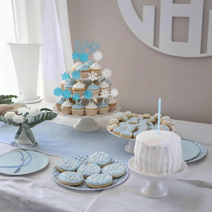 36Pcs Snowflake Cupcake Toppers Glitter Winter Frozen Theme Snowflake Cupcake Pick Decorations for Baby Shower Kids Birthday Christmas Party Decorations Supplies Blue Silver