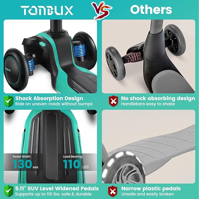 TONBUX Kids Scooter for Age 3-12, Toddler Scooter with 4 Adjustable Heights, Light Up 3-Wheels Scooter, Shock Absorption Design, Lean to Steer, Balance Training Scooter for Kids