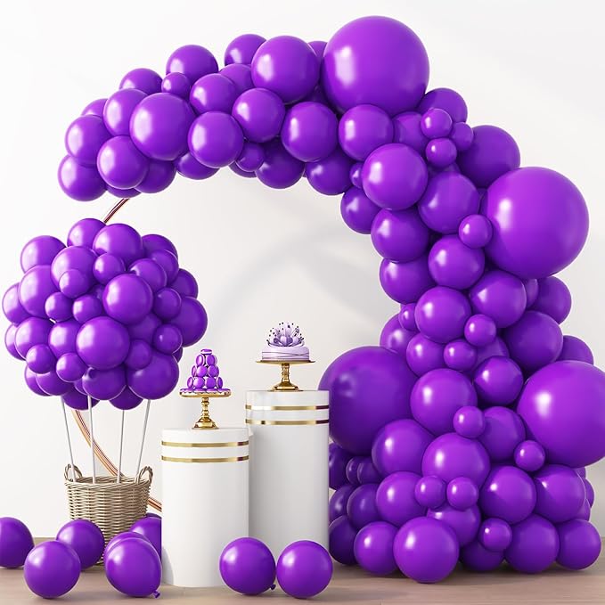 RUBFAC Dark Purple Balloons 129pcs Different Sizes Pack of 18 12 10 5 Inch, Latex Royal Purple Balloon Garland Arch Kit for Wedding Masquerade Birthday Party Decorations