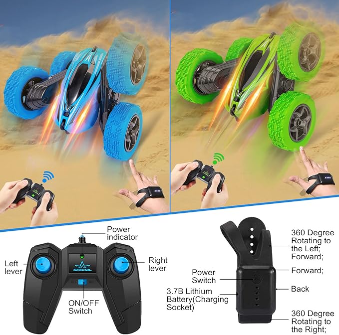 2PACK RC Stunt Car Watch Gesture Sensor Car 4WD Double Sided 360 Degree Rotating Tumbling Rechargeable Car High Speed 2.4GHZ Off Road Hobby RC Toy Cars for Xmas Birthday Gift Adults,Kids (Blue/Green)