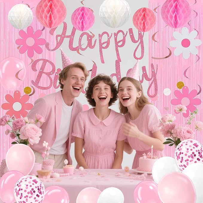 Pre-Strung Pink Birthday Decorations for Women Kits- Birthday Curtain Backdrop, Ballons, Glitter Banner with Honeycomb Balls, Stars Hanging Swirl Streamers, Circle Dots Garland