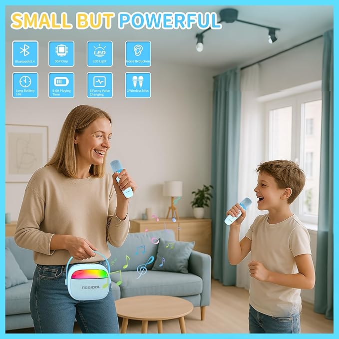 Karaoke Machine for Kids with 2 Wireless Microphones Portable Mini RGB Bluetooth Speaker Birthday Gift Toys for 3 4 5 6 7 8+ Year Old Boys