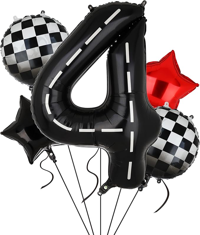 Race Car Birthday Balloons 40 Inch Racetrack Number Balloon 4 Black Boys 4st Birthday Race Car Theme Party Decor Supplies 5 Pcs