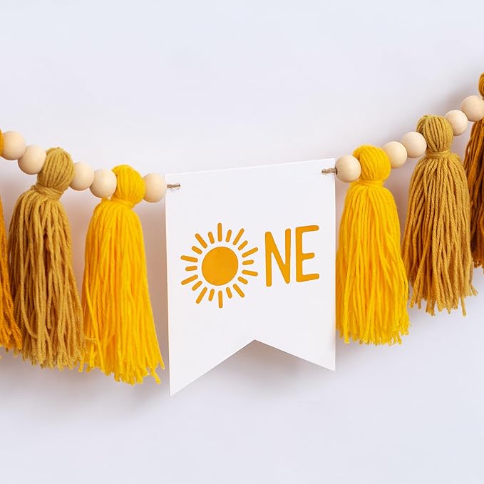 Gostman Sun One Tassel High Chair Banner - First Trip Around The Sun Birthday Party Decoration, Sun Sign First Birthday Party Supplies, Sunshine Highchair Banner