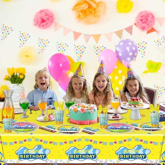 81pcs Yellow Cartoon Party Supplies Tableware Plates Napkins Cups Fork and Tablecloth，Yellow Theme Birthday Party Decoration